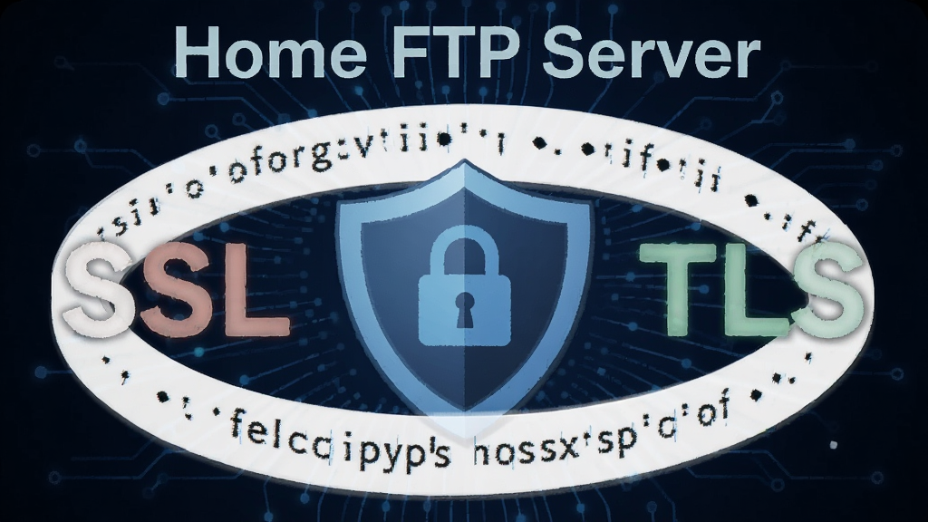 一幅关于Home FTP Server安全加密功能的示意图,图片中央显示一个盾牌图标,周围环绕着SSL和TLS字样,背景为深蓝色科技感风格,画面干净,无多余元素