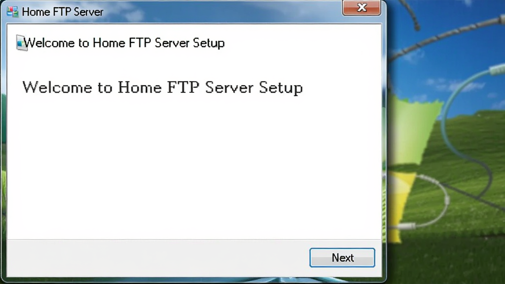 展示Home FTP Server安装向导界面的图片,界面上显示“Welcome to Home FTP Server Setup”标题和“Next”按钮,背景为标准的Windows安装程序风格,画面清晰,文字可辨,风格简洁,画质干净