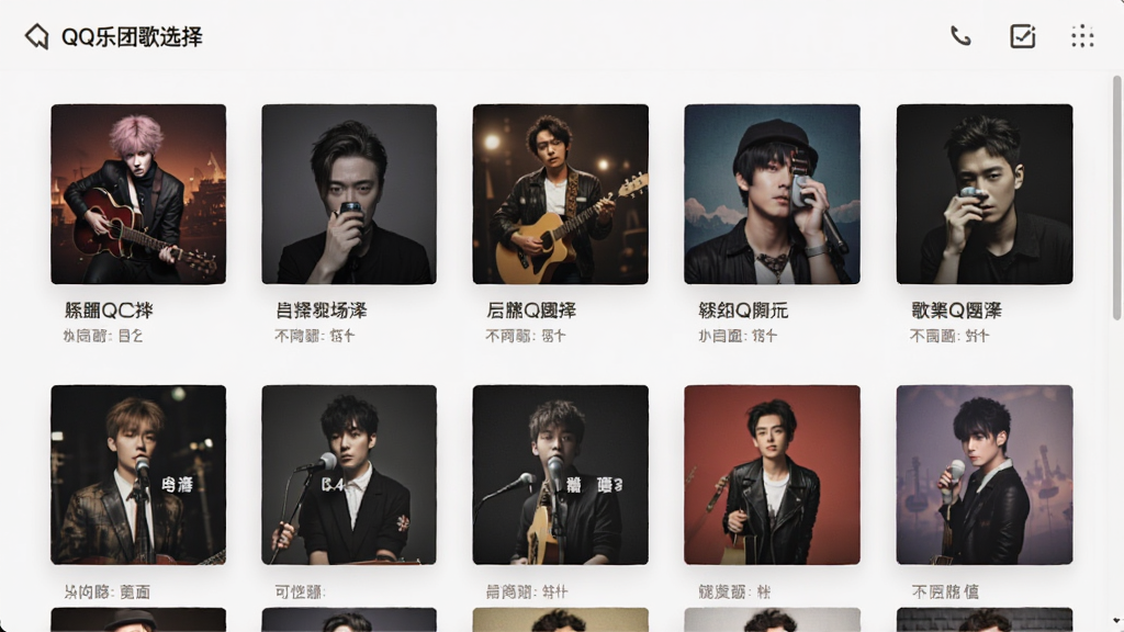 QQ乐团歌曲选择界面截图,展示丰富的曲库列表,包含不同风格的歌曲封面,界面设计简洁明了,歌曲名称和艺术家信息清晰可见,整体色调柔和,画质清晰,无多余元素