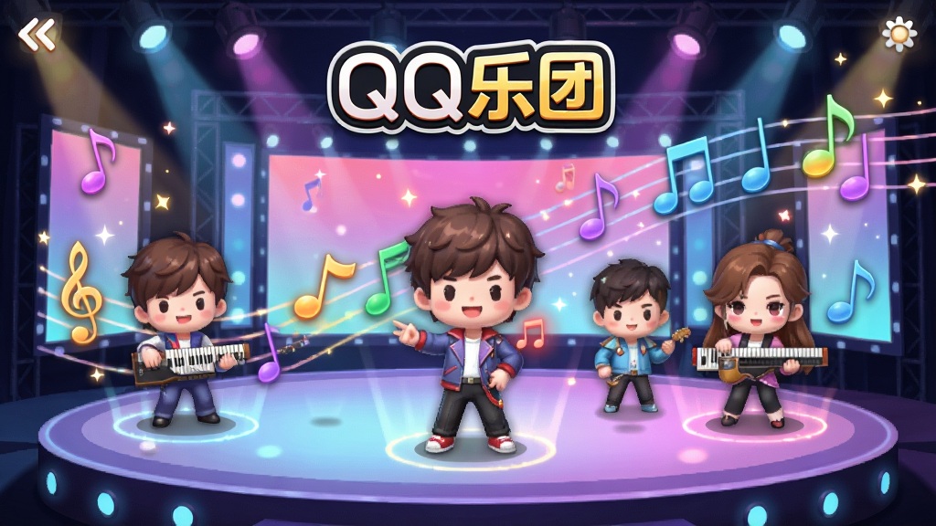 QQ乐团游戏主界面预览图,展示华丽的舞台、跃动的音符和可爱的卡通角色,画面色彩鲜艳,UI布局清晰,包含“QQ乐团”logo,整体风格时尚动感,细节精致,画质高清,干净无多余元素