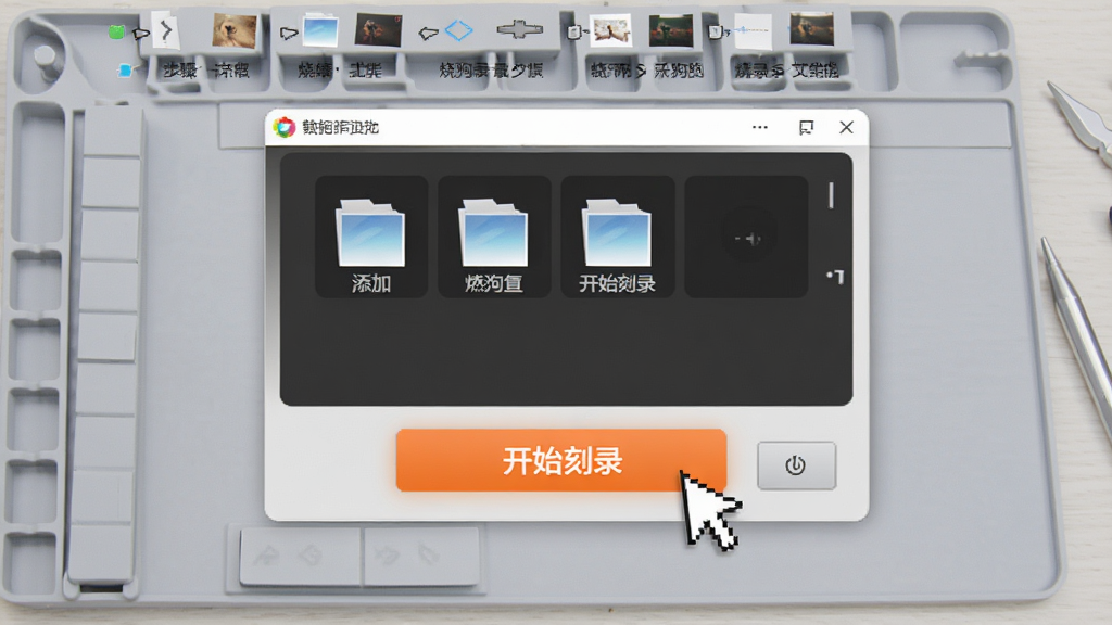 烧狗刻录BurnGO一键刻录功能演示,界面显示文件添加区域和醒目的“开始刻录”按钮,鼠标指针指向按钮,背景为浅灰色工作台,步骤指示条清晰可见,整体风格简洁明快,画质细腻