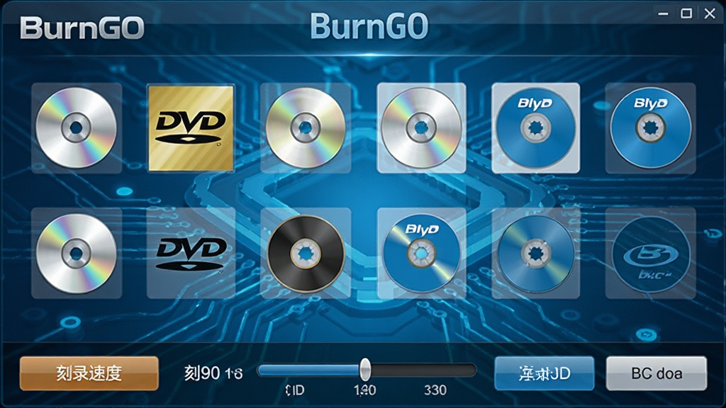 烧狗刻录BurnGO软件功能界面,展示多格式光盘类型图标,包括CD、DVD、蓝光光盘等,背景为科技蓝色调,底部有刻录速度选择按钮,界面整洁,细节丰富,画质清晰
