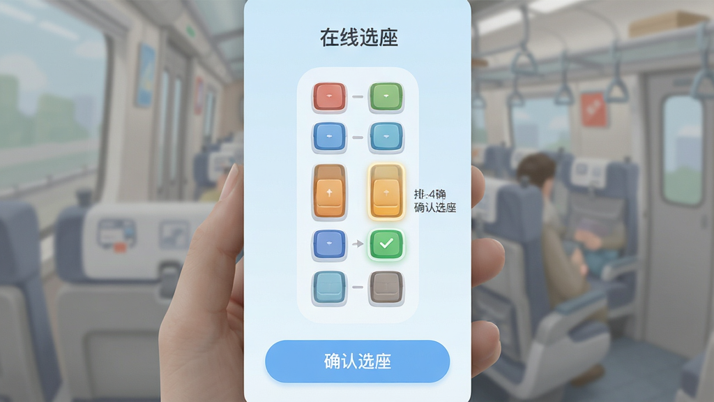 主体:火车票订票出行应用内的选座界面,展示车厢座位分布图。布局:屏幕中央为纵向排列的座位示意图,选中座位高亮显示,下方为确认按钮。排版:座位图上方写有“在线选座”标题,不同座位有颜色区分。风格:清爽的浅蓝背景,图标圆润,视觉友好。细节:已选座位显示对勾,旁边有“确认选座”字样。画质:高清,色彩柔和,无多余元素。