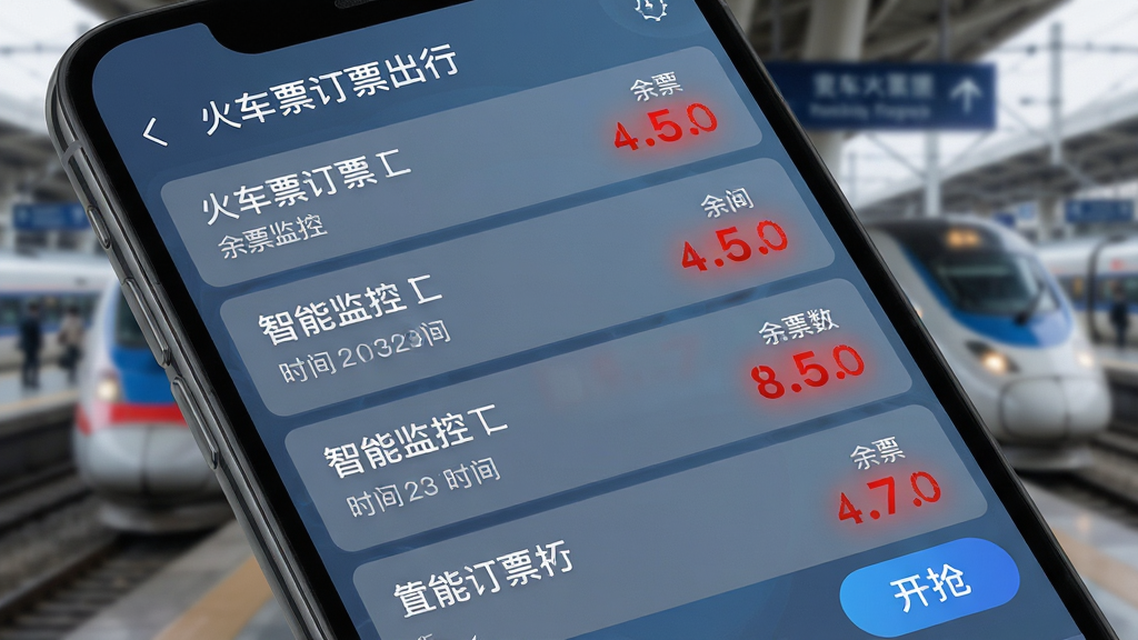 主体:手机应用“火车票订票出行”的余票监控功能界面,显示多条车次余票数字。布局:手机屏幕特写,界面以列表形式展示车次、时间、余票数,背景为模糊的火车站场景。排版:界面顶部有“智能监控”标题,每条车次旁有醒目的红色余票数字。风格:科技感与实用结合,蓝灰主色调,数据清晰易读。细节:屏幕右下角有“开抢”按钮,整体氛围紧张有序。画质:高清,细节丰富,无多余元素。