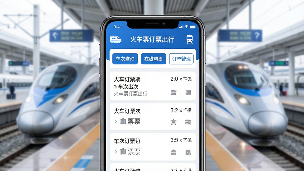 主体:一部智能手机屏幕显示“火车票订票出行”应用主界面,界面清晰展示车次列表与余票信息。布局:手机居中,屏幕内容面向观众,周围配以高铁列车与站台背景。排版:界面内可见“车次查询”、“在线购票”、“订单管理”等按钮,文字标签为中文。风格:现代扁平化设计,色彩以蓝色和白色为主,整体简洁明快。细节:屏幕上方显示“火车票订票出行”字样,列车图标点缀,画面干净通透。画质:高清渲染,光线柔和,无多余元素。