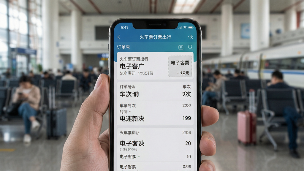 主体:用户手持手机展示“火车票订票出行”应用中的订单详情页面。布局:手机位于画面中央,屏幕显示订单号、车次、时间等信息,背景为模糊的候车大厅。排版:订单信息以列表排列,关键字段用加粗字体。风格:写实摄影风格,自然光线,色彩真实。细节:屏幕上有“电子客票”字样,手机边缘清晰。画质:高清,构图稳定,无多余元素。