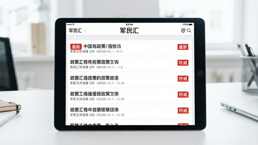 一幅平板电脑的展示图,屏幕显示“军民汇”APP内的政策资讯页面,页面以列表形式清晰排列着各类政策标题,每条标题旁配有红色“最新”或“权威”小标签,背景是简洁的办公桌面,画面明亮清晰,突出信息的可靠性与时效性,画质干净,无多余元素。