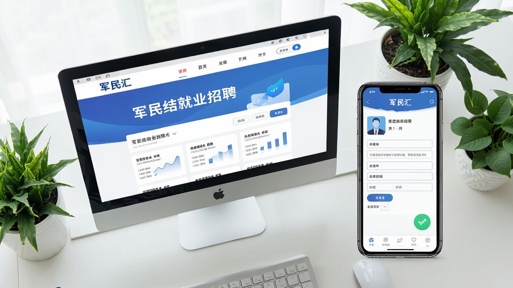 一张电脑与手机并排的俯拍图片,电脑屏幕显示“军民汇”APP的就业招聘页面,手机屏幕则展示着简历填写界面,页面风格专业清晰,背景有绿植点缀,营造出一种充满机遇与希望的职场氛围,画质干净,无多余元素。