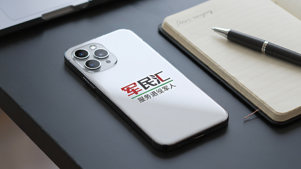 一张智能手机的背面展示图,手机背面印有“军民汇”Logo,Logo下方有一行小字“服务退役军人”,手机放置在深色桌面上,旁边有一本打开的笔记本和一支笔,画面风格专业、简约,光线柔和,画质干净,无多余元素。