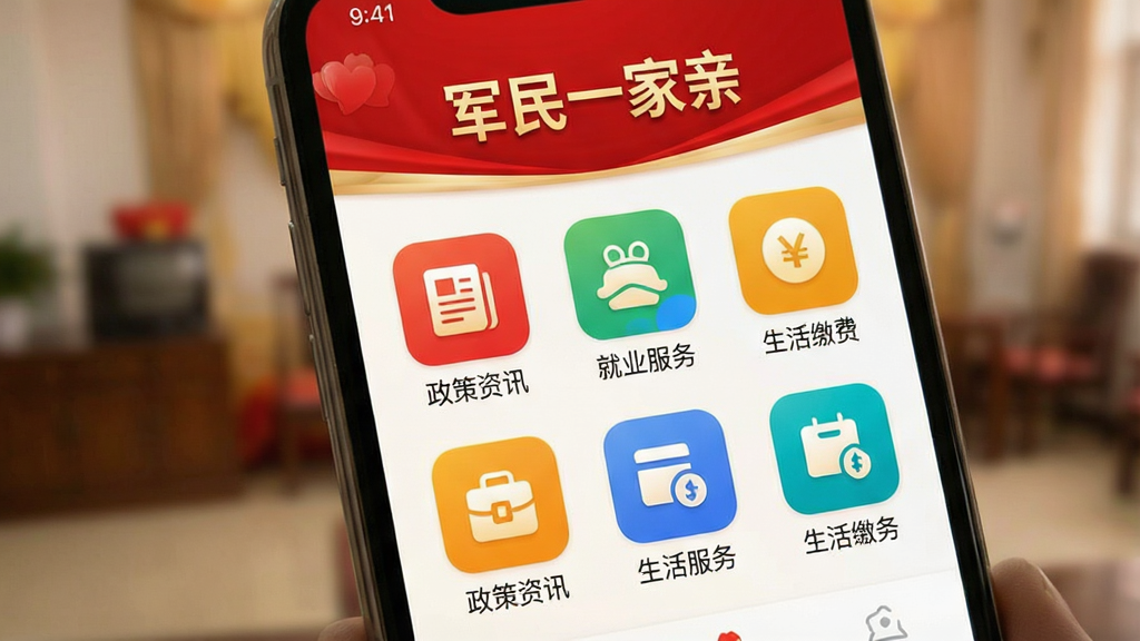 一张手机屏幕特写,屏幕中清晰显示“军民汇”APP主界面,界面设计现代简洁,以红色和金色为主色调,顶部有“军民一家亲”的标语,下方排列着“政策资讯”、“就业服务”、“生活缴费”等彩色功能图标,背景虚化处理,整体氛围庄重而温馨,画质干净,无多余元素。