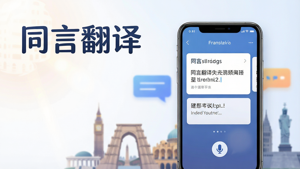 画面主体为一部正在运行同言翻译软件的智能手机,屏幕显示中英互译的友好界面,背景是模糊的全球地标建筑轮廓与对话气泡。布局上手机居中偏右,左侧留白搭配柔和光效。排版采用上下结构,上方为软件名称“同言翻译”艺术字,下方为手机产品图。整体风格现代科技感,细节包括屏幕内清晰的译文卡片与麦克风图标,画质高清干净,无多余元素。