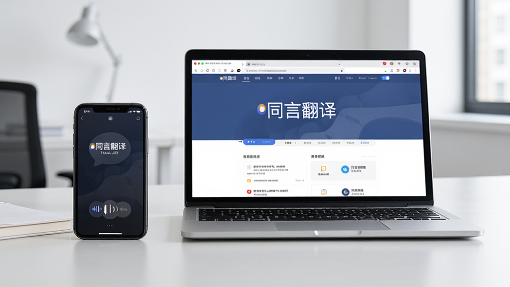 一部手机和一台笔记本电脑并排摆放在书桌上,手机屏幕显示同言翻译的语音翻译界面,电脑屏幕则显示其官方网站。布局为平视视角,主体设备居中。排版为双设备对比展示,风格简约商务。细节突出设备上的软件界面文字“同言翻译”,背景为干净的办公室环境,画质清晰,无多余元素。