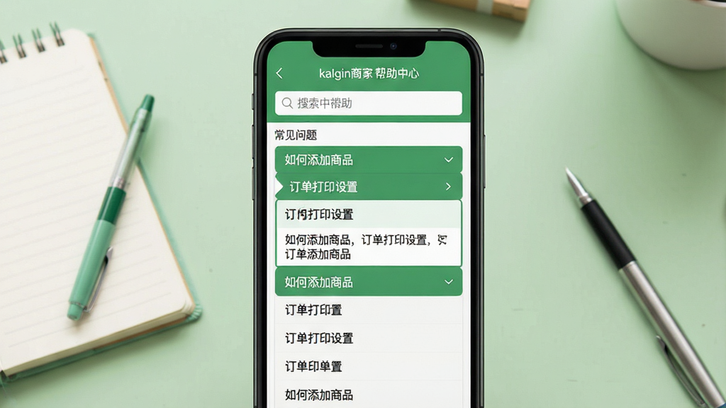 主体:手机竖屏显示kalgin商家帮助中心页面,页面顶部有搜索栏,下方为常见问题列表,如“如何添加商品”“订单打印设置”等。布局:手机屏幕居中,背景为浅绿色工作台,有记事本和笔,屏幕内容清晰。排版:问题列表以手风琴样式展开,点击可显示答案,布局简洁。风格:清新简约风格,绿色与白色搭配,整体温馨。细节:屏幕中有“kalgin商家 帮助中心”字样,问题文字为中文,画质干净,无多余元素。