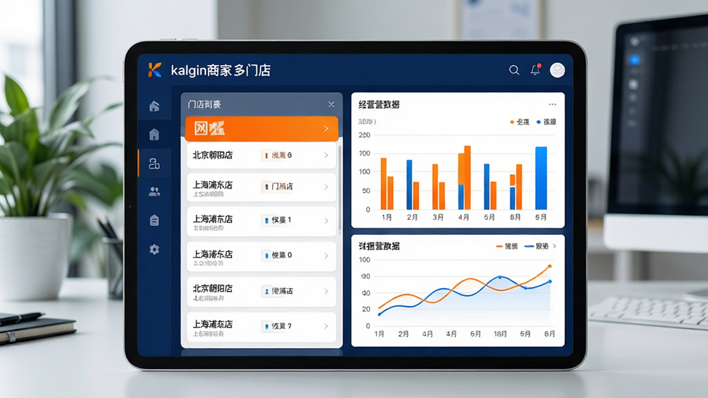 主体:平板电脑横屏显示kalgin商家多门店管理界面,界面左侧为门店列表,右侧为选中门店的详细经营数据图表。布局:平板电脑居中放置,背景为现代办公室环境,有绿植和显示器,平板屏幕清晰。排版:门店列表以卡片式排列,右侧数据图表包含柱状图和折线图,布局规整。风格:商务科技风格,深蓝色与白色搭配,数据图表用亮橙色和蓝色区分,整体质感高级。细节:屏幕顶部有“kalgin商家 多门店”标题,门店名称如“北京朝阳店”“上海浦东店”等,画质锐利,干净无多余元素。