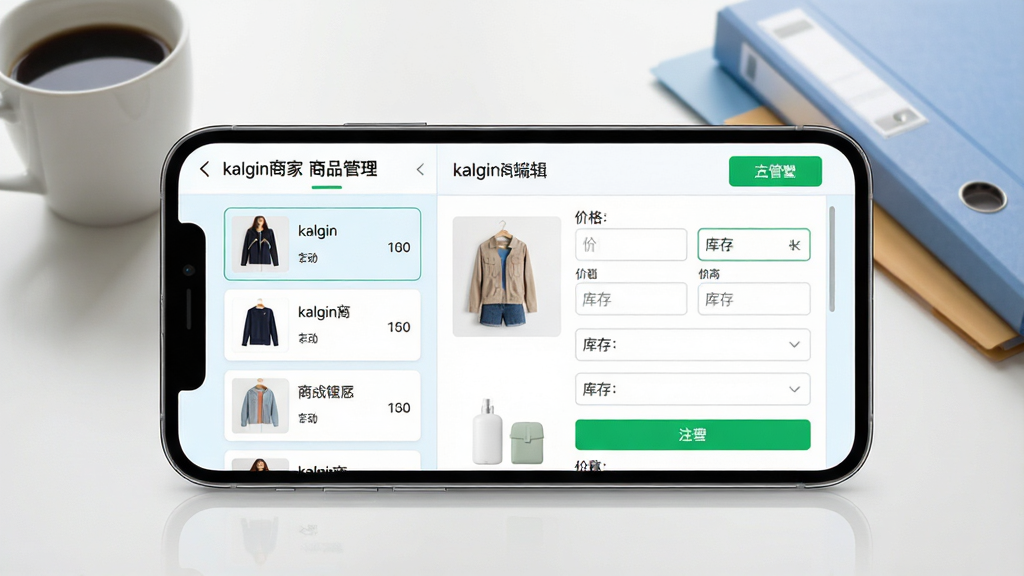 主体:一部智能手机横屏展示kalgin商家商品管理页面,页面左侧为商品分类列表,右侧为商品详情编辑区,包含价格、库存输入框。布局:手机屏幕占据画面中心,背景为简约办公桌,有咖啡杯和文件夹,手机屏幕高亮显示。排版:商品列表以卡片形式排列,每张卡片显示商品缩略图、名称和库存数量,编辑区表单清晰。风格:清新商务风格,界面以白色和浅蓝色为主,按钮使用绿色高亮,整体视觉舒适。细节:屏幕顶部显示“kalgin商家 商品管理”字样,商品图片为服装和日用品,画质细腻,干净无多余元素。
