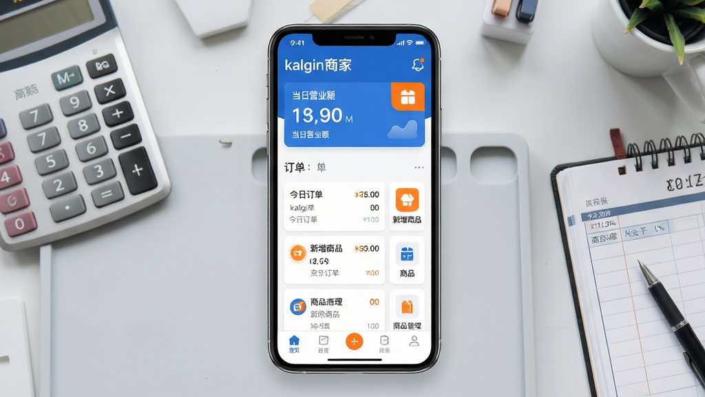 主体:手机屏幕展示kalgin商家应用主界面,界面顶部显示店铺名称和当日营业额数据看板,中间为订单列表和商品管理图标,底部为导航栏。布局:竖屏手机居中,背景为浅灰色工作台,桌面有计算器、账本等办公元素,手机屏幕内容清晰可见。排版:屏幕界面信息层级分明,数据卡片与功能图标排列整齐,留白得当。风格:现代扁平化UI设计风格,色彩以蓝色和白色为主,辅以橙色高亮提示,整体干净明亮。细节:屏幕中显示“kalgin商家”字样及“今日订单”“新增商品”等中文标签,画质高清,干净无多余元素。
