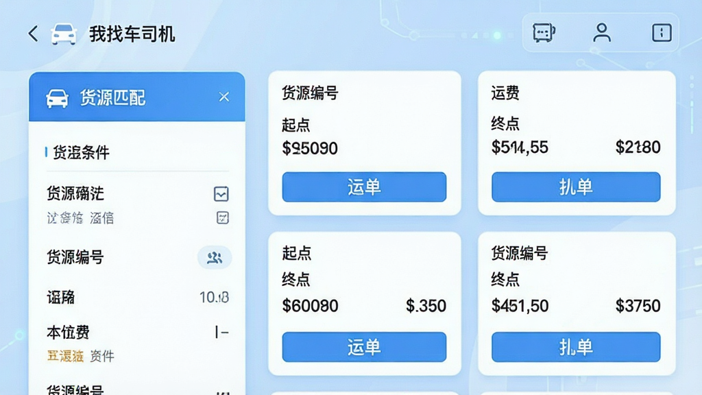 一幅“我找车司机”APP的货源匹配界面插图,左侧是筛选条件面板,右侧是匹配到的货源卡片,卡片上清晰标注“货源编号”、“起点”、“终点”、“运费”和“抢单”按钮,背景为浅蓝色科技感风格,布局规整,细节丰富,画质高,干净无多余元素。
