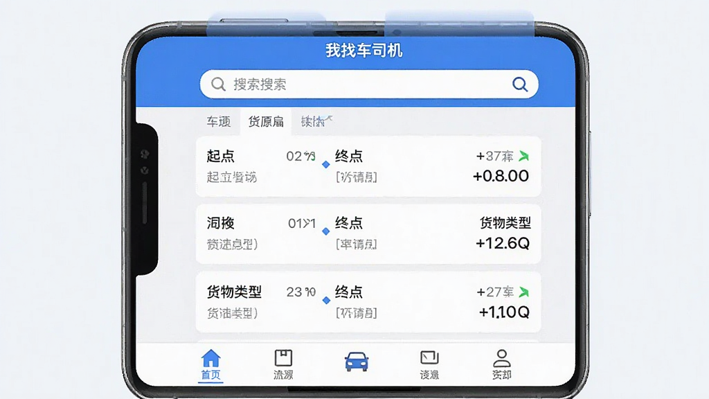一张智能手机界面截图,展示“我找车司机”APP的主页,顶部有搜索栏,中间是货源列表,每一条货源显示起点、终点、货物类型和运费,底部有导航栏,整体风格简洁现代,蓝色主色调,界面干净,画质清晰,无多余元素。