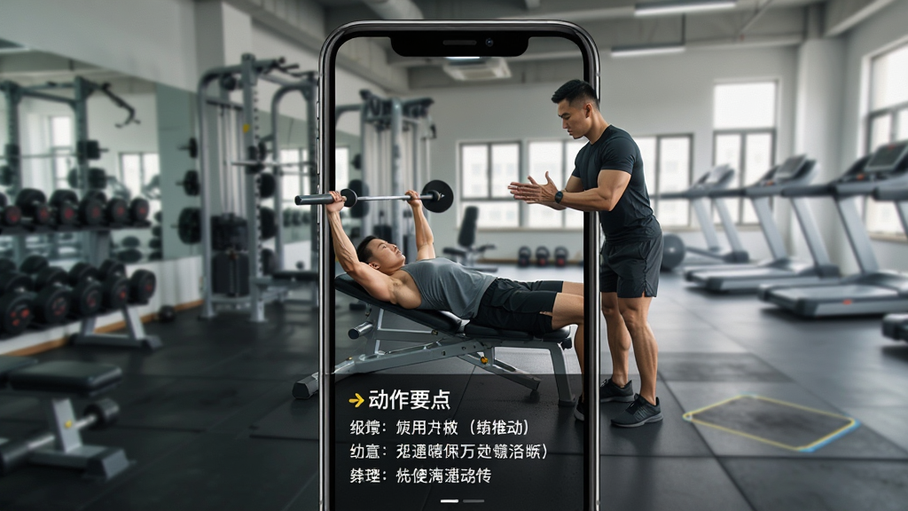 练练健身动作库界面,手机屏幕展示卧推动作视频,教练正在示范,屏幕下方有动作要点文字,背景为室内健身房,写实风格,高清画质,细节丰富,无多余元素