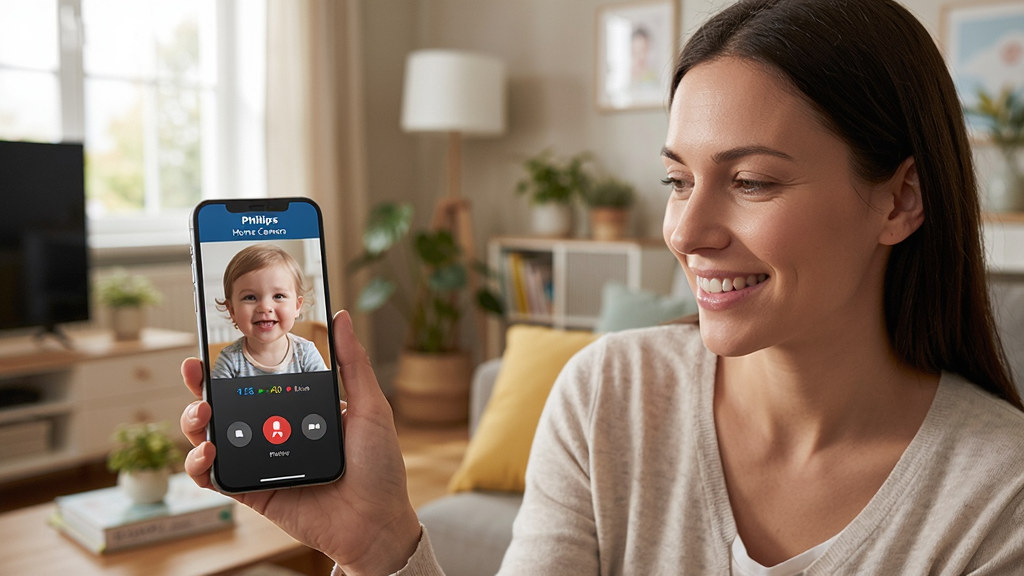 一位年轻妈妈使用手机上的Philips Home Camera应用与家中孩子通话,界面显示双向语音通话状态,妈妈面带微笑,背景为温馨的家庭环境,风格写实,布局自然,细节丰富,画质高清,无多余元素,应用界面文字标注