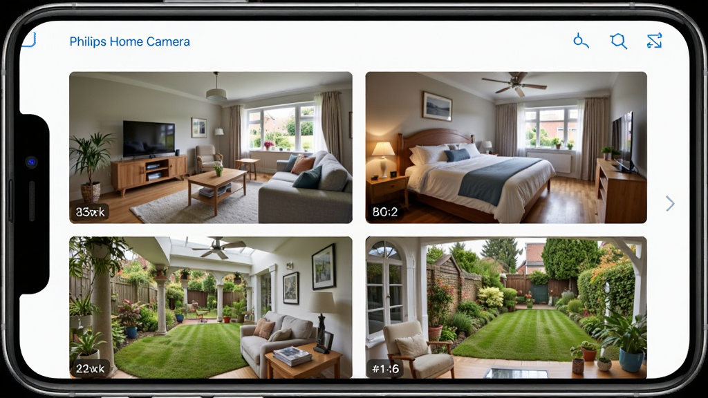 手机应用Philips Home Camera的设备列表界面,显示客厅、卧室、庭院三个摄像头预览画面,每个画面清晰呈现对应场景,布局整齐,风格简洁,细节丰富,画质干净,无多余元素,界面文字标注