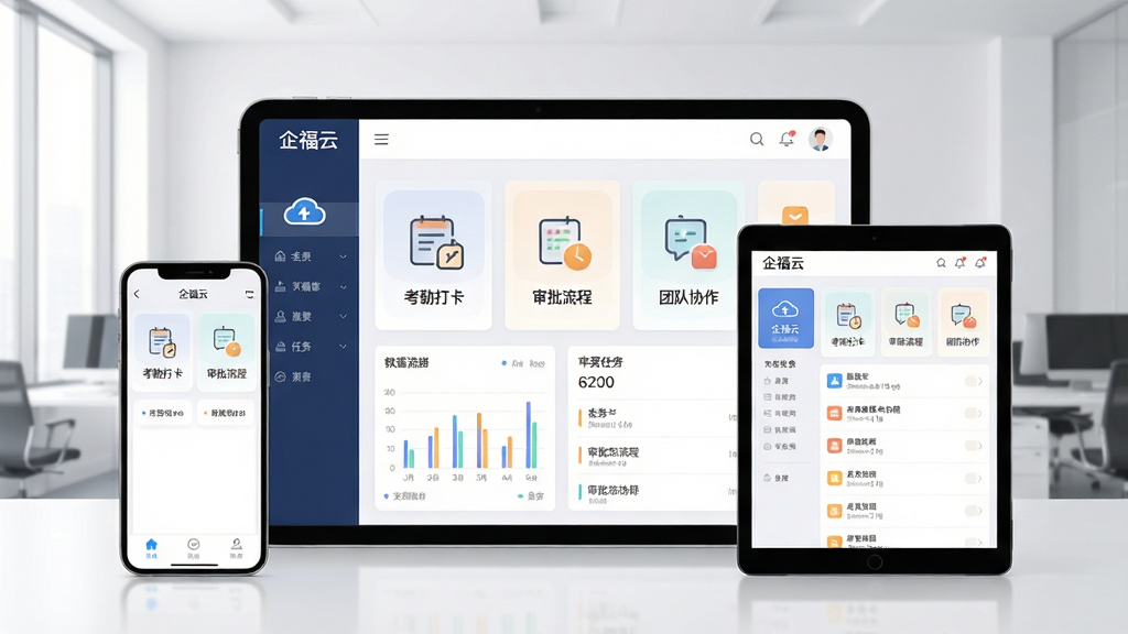 画面主体为一款名为“企福云”的现代企业办公软件界面,展示在智能手机和平板电脑上,屏幕中清晰显示考勤打卡、审批流程、团队协作等模块图标,背景为简洁明亮的办公室场景,布局以居中展示为主,排版干净利落,整体风格扁平化且富有科技感,细节包括界面上的数据图表和任务列表,画质高清,色彩柔和,无多余元素