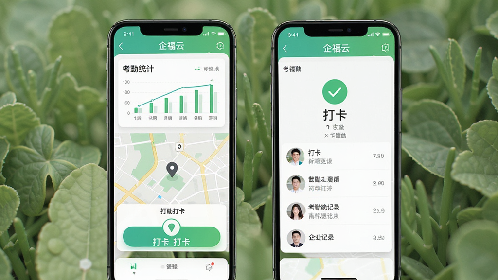 画面主体为一款名为“企福云”的软件在手机上的考勤打卡界面,显示地图定位点和打卡按钮,上方有考勤统计图表,布局以手机界面居中展示,排版简洁直观,风格清新自然,细节包括打卡成功的绿色对勾和考勤记录列表,画质清晰干净,无多余元素