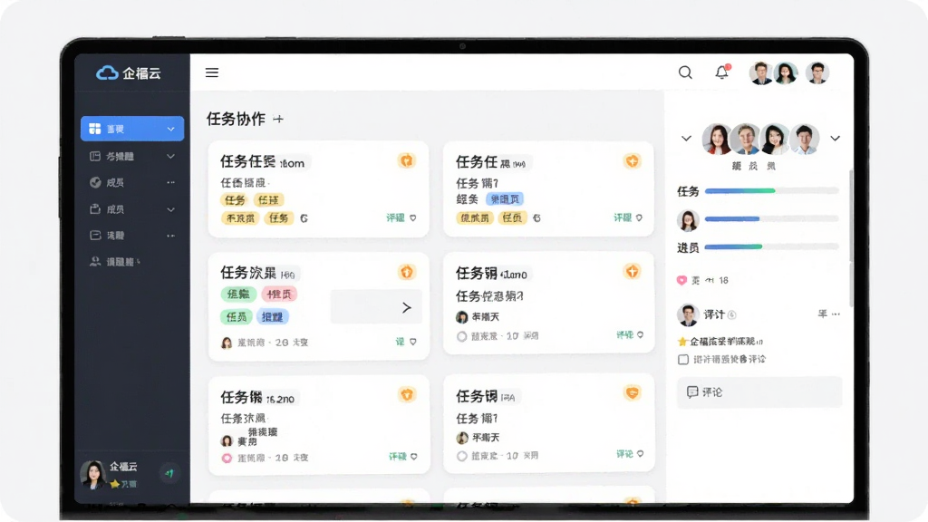 画面主体为“企福云”软件的任务协作界面,显示任务卡片列表和成员头像,有进度条和评论区域,布局以卡片式排列,排版活泼有序,风格现代轻快,细节包括任务标签和提醒图标,画质清晰,背景简洁,无多余元素