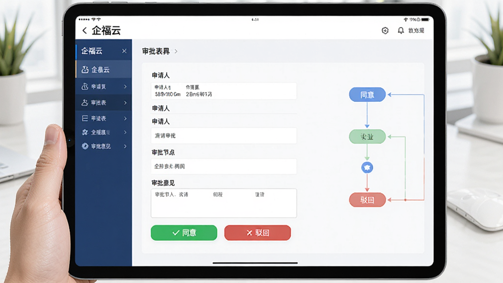 画面主体为“企福云”软件在平板上的审批流程界面,显示审批表单和流程节点图,有“同意”和“驳回”按钮,布局以表单居中展示,排版规范有序,风格商务简约,细节包括申请人信息和审批意见栏,画质高清明亮,无多余元素