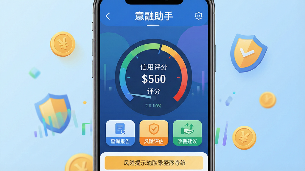 主体:一部智能手机屏幕展示意融助手APP界面,界面显示信用评分与风险等级图表。布局:手机居中,背景为浅蓝色渐变,周围有金币与盾牌图标点缀。排版:屏幕内信息清晰,顶部有“意融助手”字样,中部为圆形评分仪表盘,底部为风险提示条。风格:现代科技感,扁平化设计,色彩明亮。细节:界面包含“查询报告”“风险评估”“改善建议”三个按钮,图标精细。画质:高清渲染,干净,无多余元素。