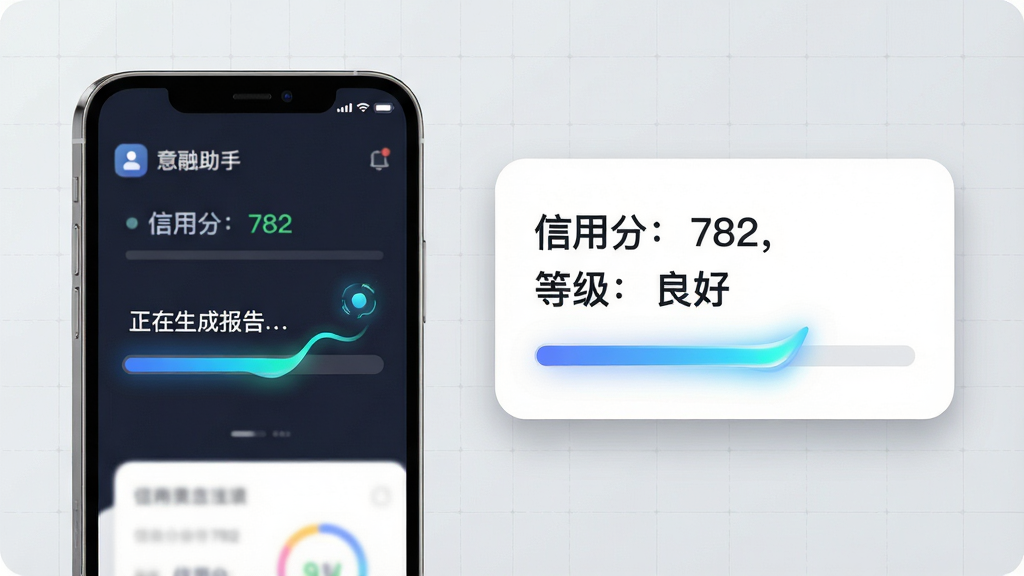 主体:手机屏幕展示意融助手的风险报告生成过程,有进度条与动画效果。布局:手机位于左侧,右侧为放大的报告摘要卡片,背景为浅灰色。排版:左侧屏幕显示“正在生成报告…”进度条,右侧卡片显示“信用分:782,等级:良好”。风格:清新商务风,圆角卡片设计。细节:进度条有流动光效,卡片有阴影,背景有细微网格。画质:1080P,干净,无多余元素。
