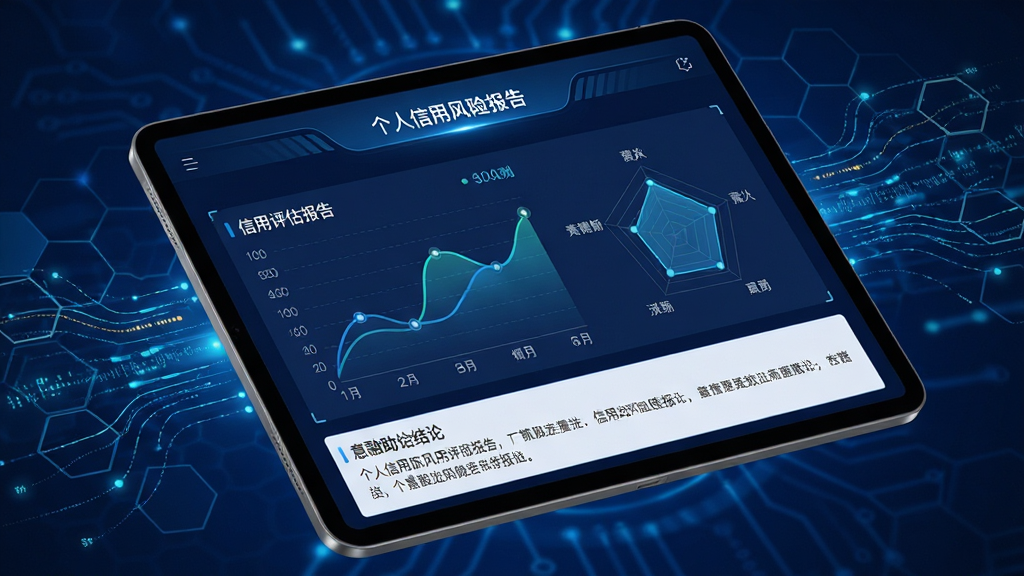 主体:一台平板电脑展示意融助手的信用评估报告页面,页面包含折线图与雷达图。布局:平板倾斜放置,背景为深蓝色科技感光效,周围有数据流动线条。排版:报告顶部显示“个人信用风险报告”,中部为图表区域,底部为文字结论。风格:大数据可视化风格,现代简约。细节:图表线条流畅,数据点清晰,背景有六边形网格。画质:4K高清,干净,无多余元素。