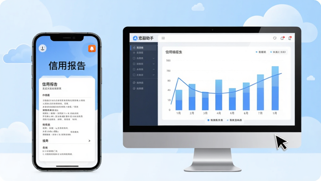主体:手机与电脑并排展示意融助手的使用场景,手机屏幕显示报告,电脑屏幕显示数据图表。布局:手机位于左侧,电脑位于右侧,背景为浅蓝色渐变。排版:手机屏幕显示“信用报告”字样,电脑屏幕显示柱状图。风格:商务办公风格,简洁明亮。细节:手机有通知提醒图标,电脑有鼠标指针,背景有云朵元素。画质:高清,干净,无多余元素。