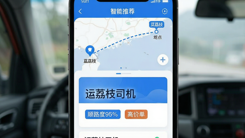 一张运荔枝司机APP的“智能推荐”功能界面预览图,画面分为上下两部分,上方是简洁的路线地图,标注着起点和终点,中间用蓝色虚线连接。下方是推荐货源卡片,卡片上醒目显示“运荔枝司机”字样和推荐理由标签,如“顺路度95%”、“高价单”。整体UI设计现代,以蓝白为主色调,细节丰富,画面干净整洁。