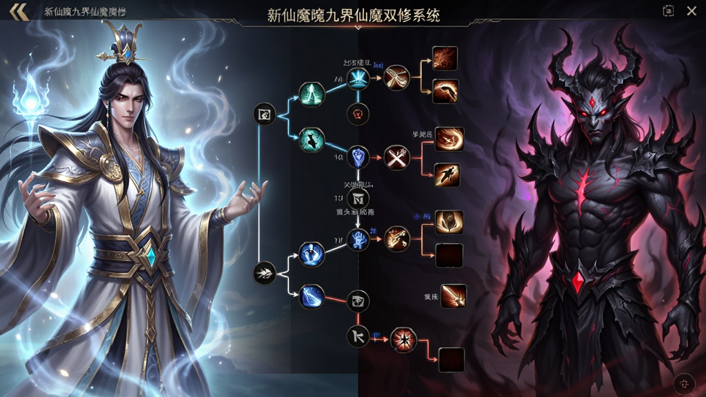 新仙魔九界仙魔双修系统界面,左侧仙气缭绕的仙人形象,右侧暗黑风格的魔族形象,中间技能树分支清晰,界面设计华丽,色彩对比鲜明,画质精细,干净无多余元素。