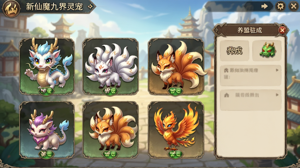 新仙魔九界灵宠界面,展示多只可爱神兽如小白龙、九尾狐、火凤凰,宠物养成面板清晰,背景为仙盟驻地,色彩温馨明亮,画质柔和,干净无多余元素。