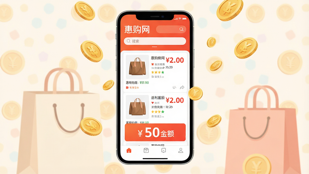 主体:惠购网应用主界面展示,一部智能手机屏幕显示购物返利流程,背景是淡雅的购物袋与金币图案。布局:手机居中,屏幕内清晰展示“惠购网”Logo、商品列表和返利金额数字。排版:界面清爽,功能图标排列整齐,顶部有搜索栏,底部有导航栏。风格:现代扁平化,色彩明快,以橙红色为主色调。细节:屏幕上的商品图片清晰,返利金额用醒目的红色字体标注,周围有飘落的金色硬币点缀。画质:高清渲染,干净,无多余元素。