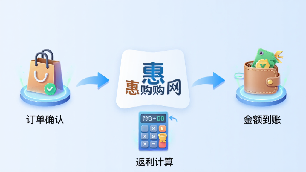 主体:惠购网智能返利引擎工作流程示意图,中心是“惠购网”Logo,周围环绕订单确认、返利计算、金额到账三个图标。布局:流程图横向排列,从左到右依次展示,中间用箭头连接。排版:图标下方配有简短文字标签,整体对齐工整。风格:科技感插画风,背景为淡蓝色渐变。细节:订单图标为购物袋样式,返利计算图标为计算器,到账图标为钱包,均带有微光效。画质:清晰干净,无多余元素。