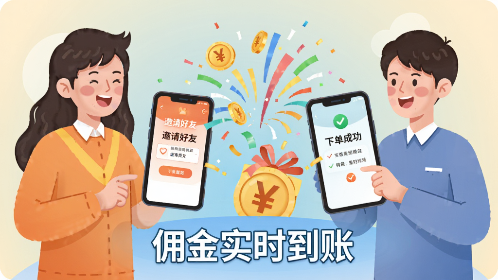 主体:惠购网邀请好友赚佣金场景,两名用户面对面站立,一人手机屏幕显示“邀请好友”界面,另一人手机显示下单成功。布局:人物置于画面左右两侧,中间有金币和礼花特效。排版:画面下方有“佣金实时到账”字样。风格:生活化插画风,色彩温馨。细节:金币上带有“¥”符号,礼花色彩缤纷,人物表情愉快。画质:干净,无多余元素。