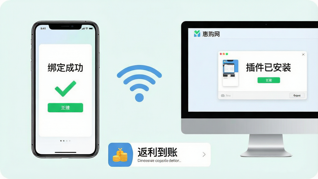 主体:惠购网使用指南场景,一部手机显示“绑定成功”界面,旁边有电脑屏幕显示插件安装成功。布局:手机和电脑左右并排,中间有WiFi图标连接。排版:下方有“返利到账”通知栏。风格:清新简洁风,浅色背景。细节:手机屏幕上有绿色对勾,电脑屏幕上显示“插件已安装”,WiFi图标带有信号波纹。画质:干净,无多余元素。