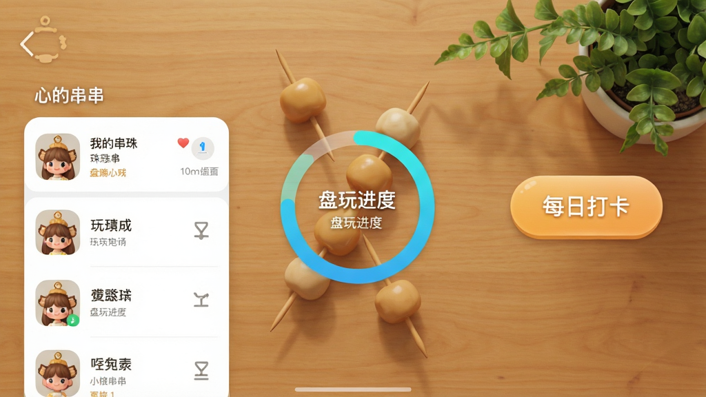 一张展示小栗头盘串App主界面的高清截图,界面包含我的串珠列表、盘玩进度环、每日打卡按钮,背景为温暖的木质色调,搭配绿植点缀,整体风格干净整洁,画质清晰,无多余元素