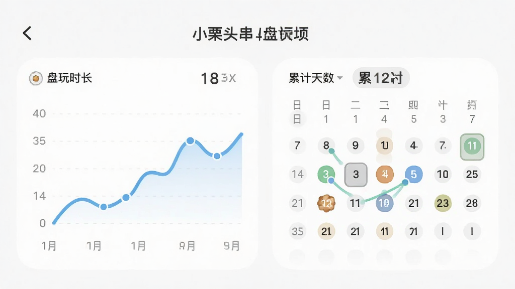 小栗头盘串App的盘玩记录页面,展示折线统计图与日历打卡标记,界面采用浅色背景,数据清晰,配有“盘玩时长”与“累计天数”文字标签,整体风格简约现代,画质干净,无多余元素