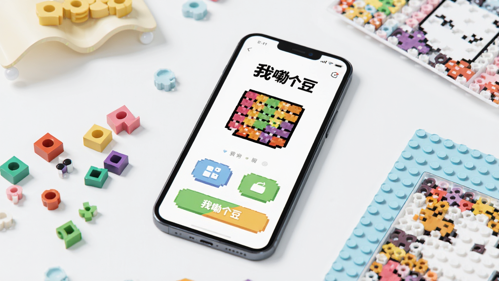画面主体为一部亮着屏幕的智能手机,屏幕上显示着「我嘞个豆」应用的主界面,界面中有色彩鲜艳的像素风拼豆图案和功能按钮,手机旁边散落着各种颜色的拼豆和拼豆模板,背景为干净整洁的工作台,布局清晰,排版舒适,风格为现代扁平插画风,细节丰富,画质高清干净,无多余元素