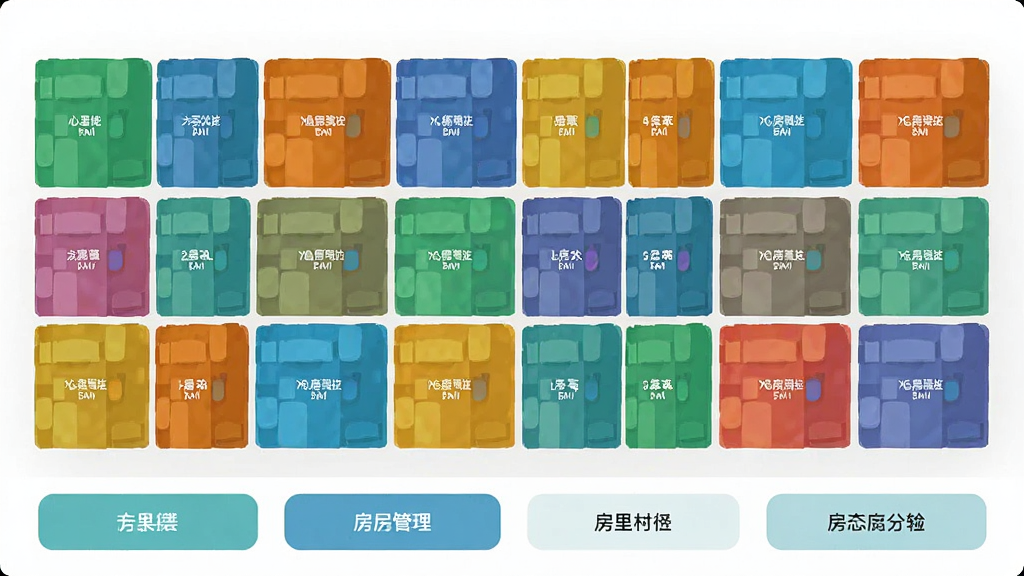 心里美App房态管理界面截图风格预览图,画面中央是多彩的房态网格图,每个房间以不同色块显示状态,底部有功能按钮,界面简洁现代,配色清新,细节清晰,画质干净,无多余元素
