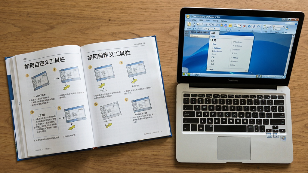 主体:一本打开的办公软件操作指南书籍,旁边放着一台笔记本电脑,屏幕上显示Classic Menu for Word 2007的经典菜单栏。布局:俯拍视角,书籍与笔记本电脑并列放在木质桌面上,比例协调。排版:画面充实,书籍页面上有清晰的步骤图解,电脑屏幕界面醒目。风格:写实摄影风格,自然光照明。细节:书籍内页印刷着“如何自定义工具栏”的标题,电脑屏幕显示“工具”菜单。画质:高分辨率,干净,无多余元素。