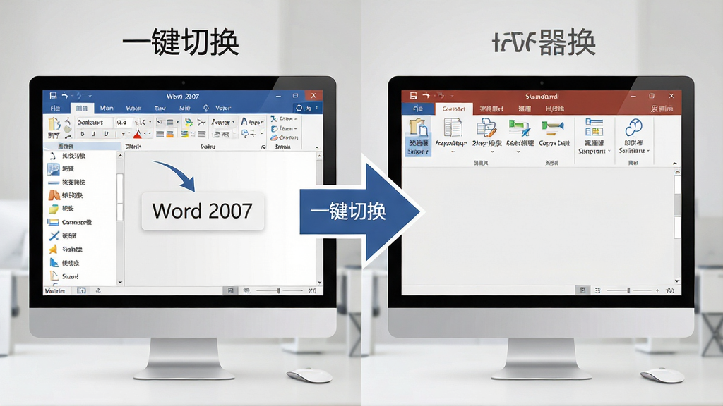 主体:一个现代化的办公场景,电脑屏幕上同时并排显示Word 2007的经典菜单界面和标准功能区界面,中间用箭头符号连接,表示切换。布局:左右分屏对比展示,左侧为经典菜单,右侧为功能区,背景为干净的渐变灰色。排版:画面平衡,对比明显,箭头符号醒目。风格:扁平化信息图风格,简洁明了。细节:界面上标注“一键切换”字样,功能图标精致。画质:高清晰度,干净,无多余元素。
