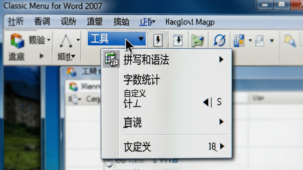 主体:电脑屏幕截图特写,显示Classic Menu for Word 2007软件界面中的“工具”下拉菜单,展开显示“拼写和语法、字数统计、自定义”等选项。布局:以软件界面为主体,光标悬停在“工具”菜单上,下拉列表清晰展开。排版:屏幕居中,菜单列表细节锐利,背景虚化。风格:写实界面截图风格,色彩真实。细节:菜单项文字清晰,图标为经典Office样式,鼠标指针形状可见。画质:高分辨率,干净,无多余元素。