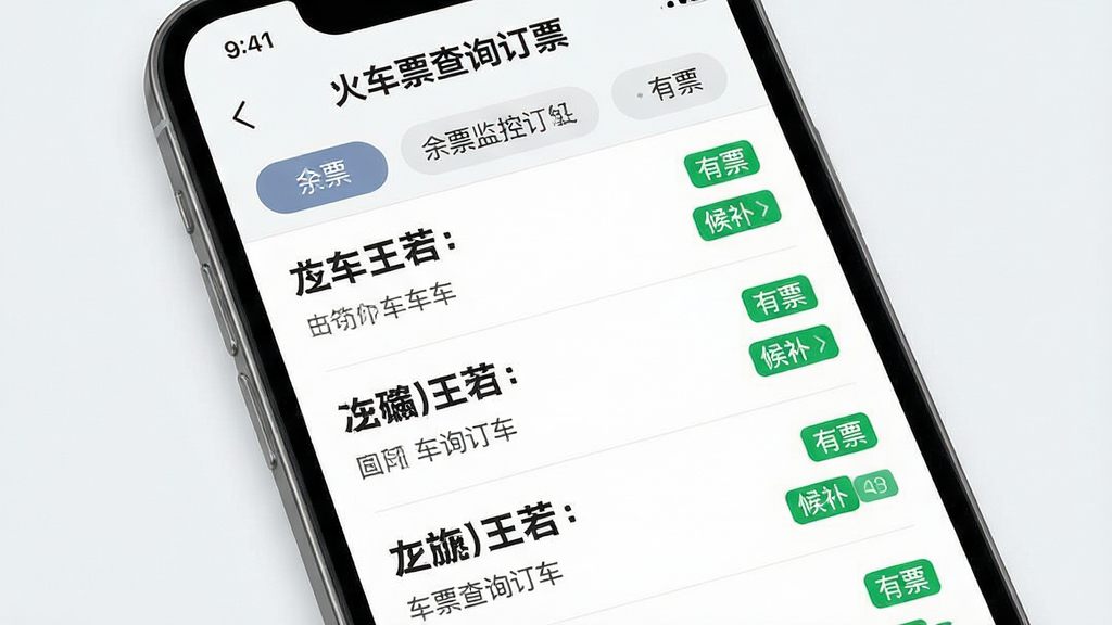 主体:手机界面展示“火车票查询订票”余票监控画面,列表显示多趟车次及余票状态。布局:手机竖屏,列表占满屏幕,顶部有筛选标签。排版:车次名称加粗,余票数用绿色显示。风格:清晰数据可视化风格。细节:屏幕上有“有票”“候补”文字标签。画质:细腻,干净,无多余元素。