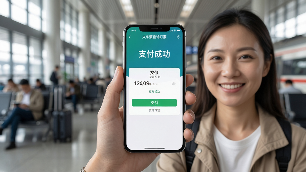 主体:用户手持手机使用“火车票查询订票”应用,屏幕显示支付成功页面。布局:手机居中,背景为车站候车室。排版:屏幕上有“支付成功”字样。风格:写实摄影风格。细节:用户面带微笑。画质:高清晰度,干净,无多余元素。