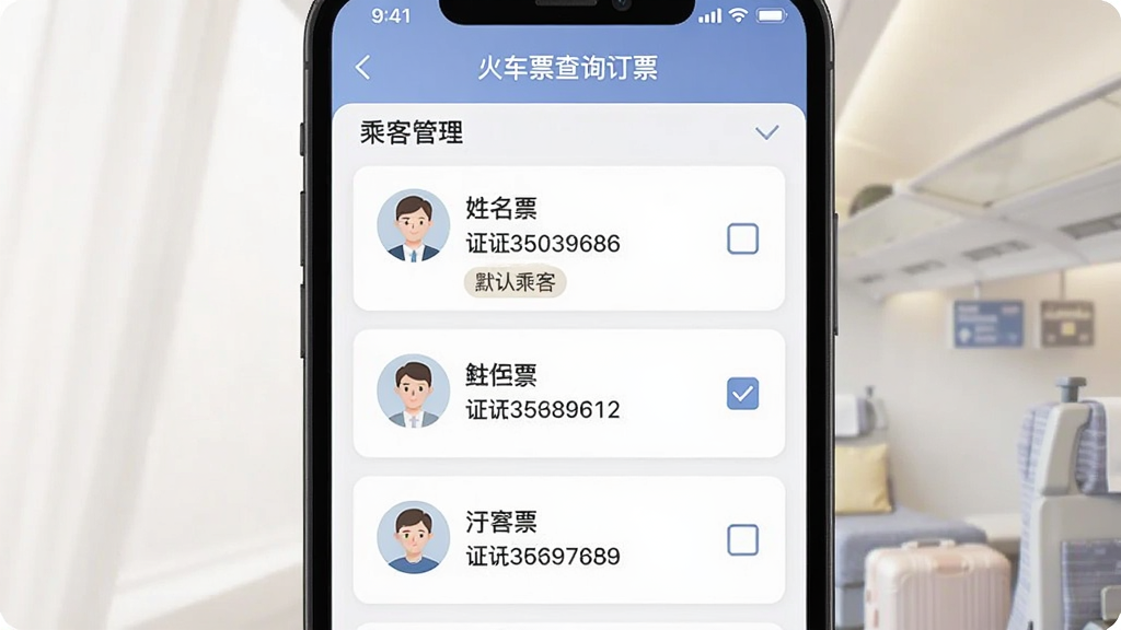 主体:手机界面展示“火车票查询订票”乘客管理页面,显示多个乘客卡片。布局:卡片纵向排列,每个卡片包含头像、姓名、证件号。排版:信息整齐,勾选框在右侧。风格:清爽简洁风格。细节:卡片上有“默认乘客”标签。画质:柔和光线,干净,无多余元素。